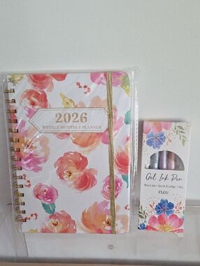 2026 Floral Weekly Monthly Planner with Gold Elastic Band - Box Of 5 Gel Pens